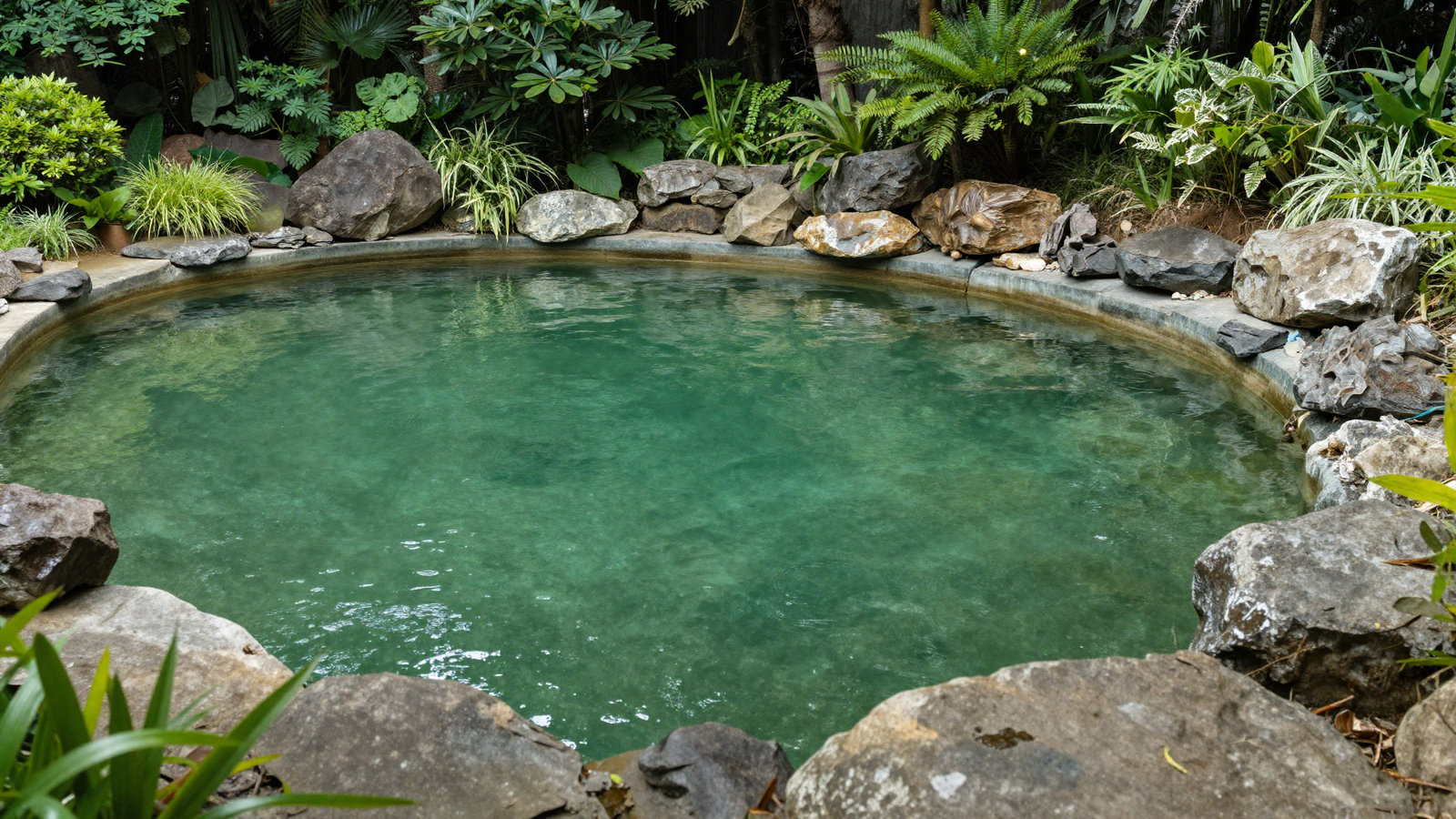 Natural swimming pond with clear green-toned water surrounded by stone and layered planting