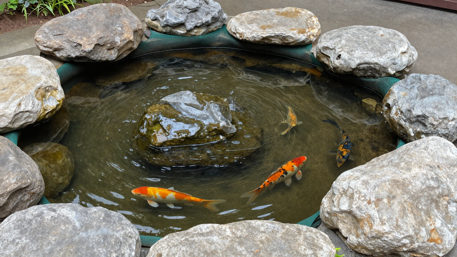 Koi pond with large stones flowing water and integrated protective netting