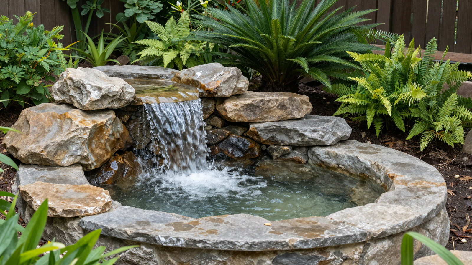 Pondless waterfall cascading over natural stone with no open standing pool