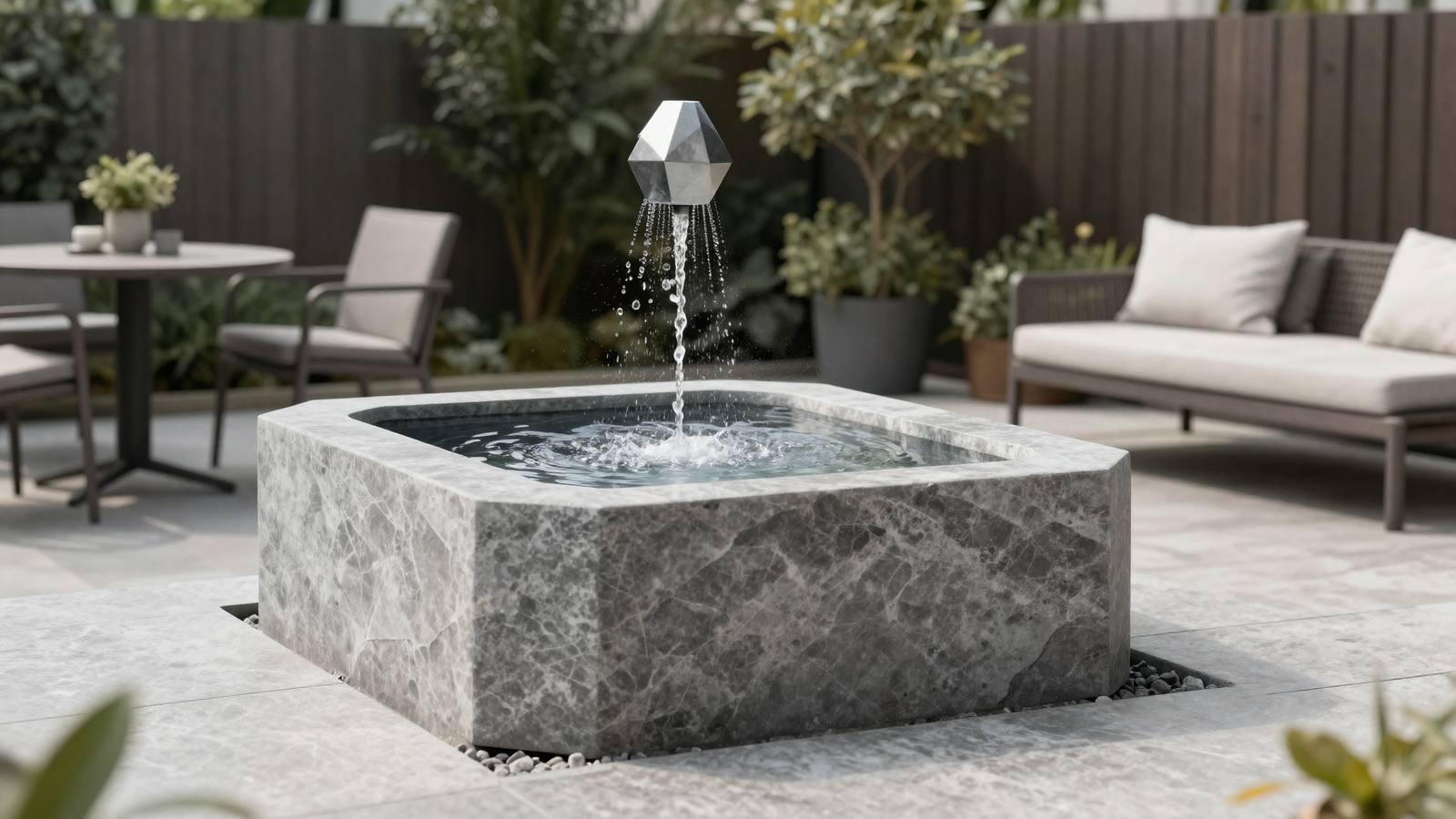 Modern geometric bubbler fountain on a backyard patio with sleek monochromatic stone finish