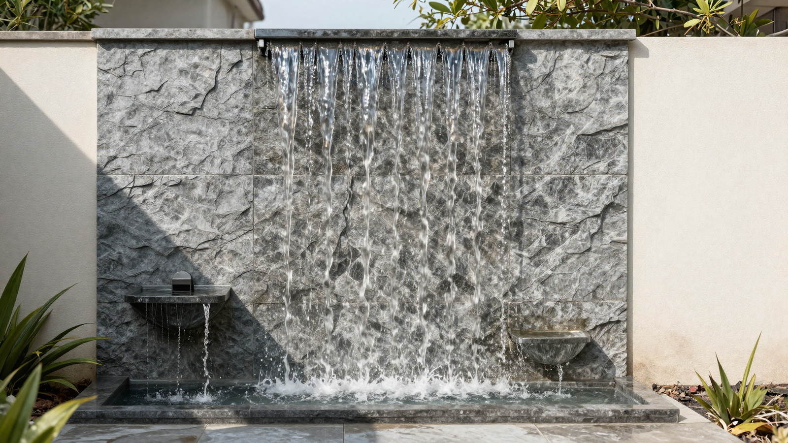 Vertical wall fountain mounted on a backyard courtyard wall with cascading water