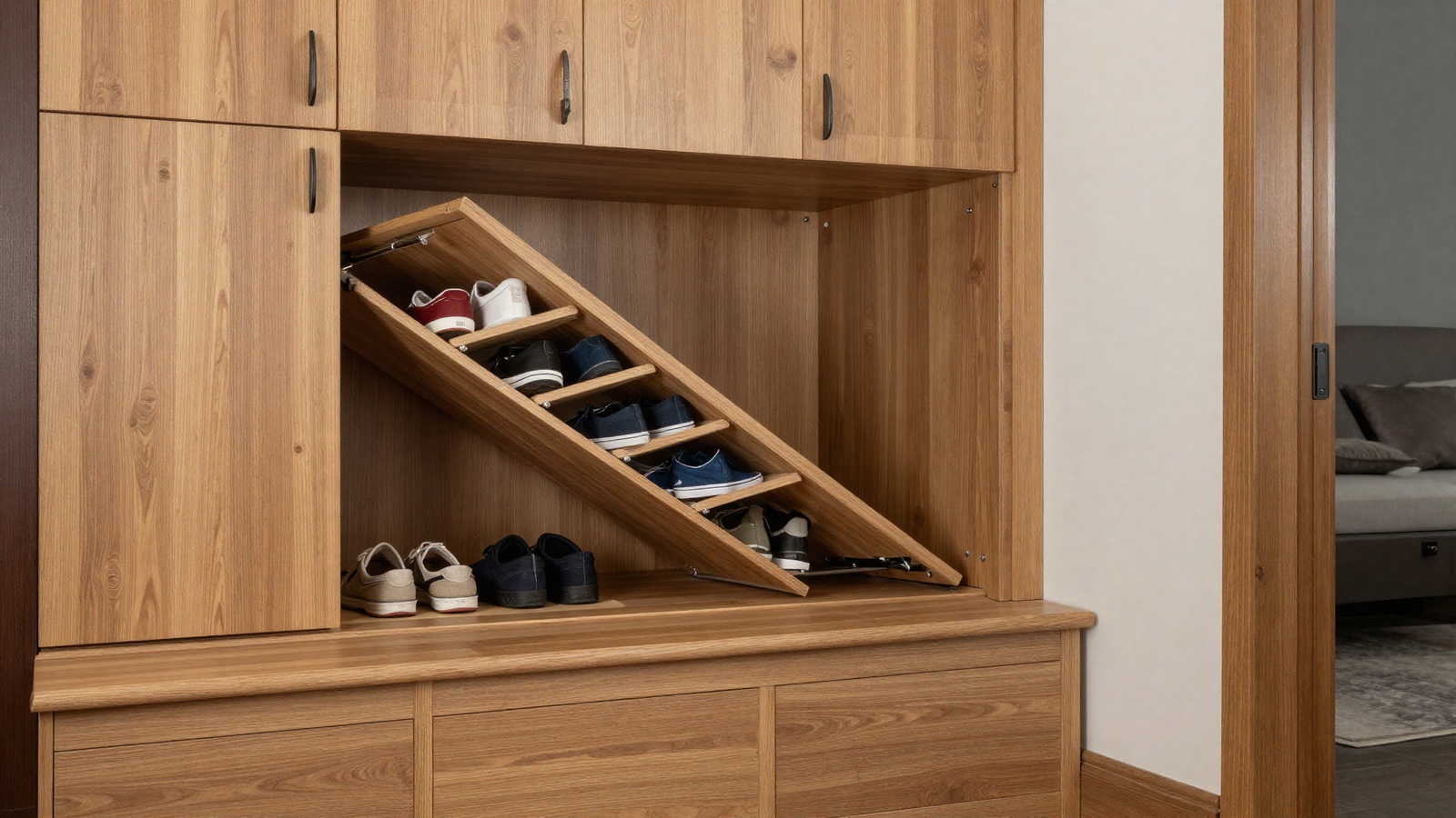 Mudroom entryway with heavy oak built-in bench and hidden storage compartment