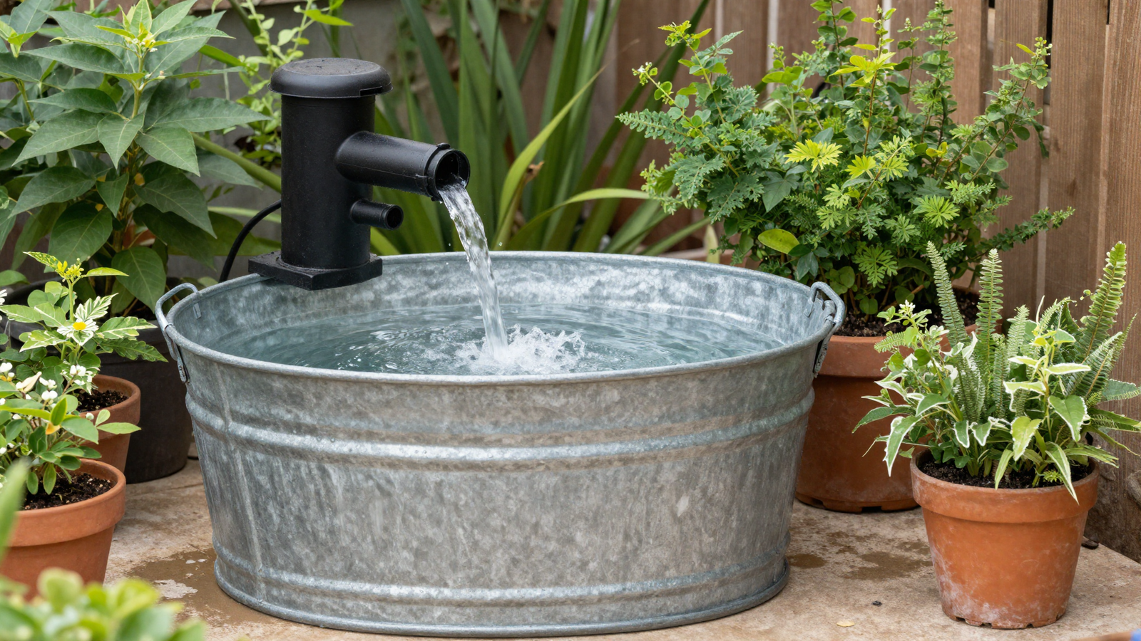 DIY water feature made from a repurposed galvanized barrel with bubbling fountain pump