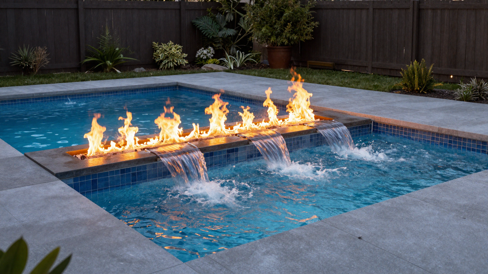 Backyard swimming pool with integrated fire and water feature combined