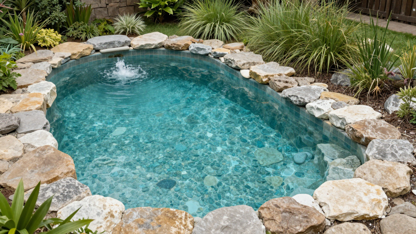 Natural swimming pool with beach entry pebble bottom and irregular fieldstone perimeter