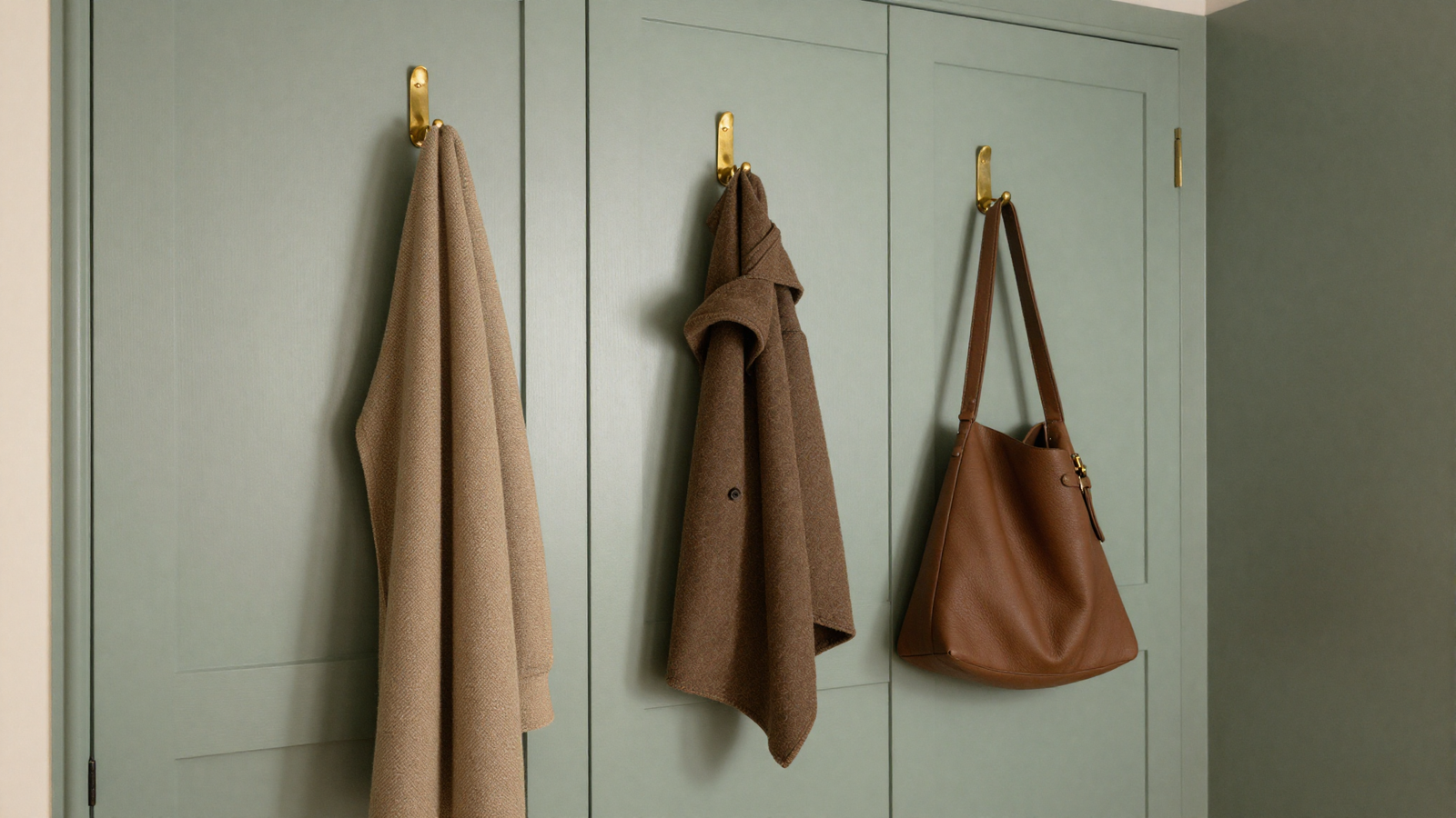 Entryway with soft sage green painted cabinetry and vintage brass wall hooks