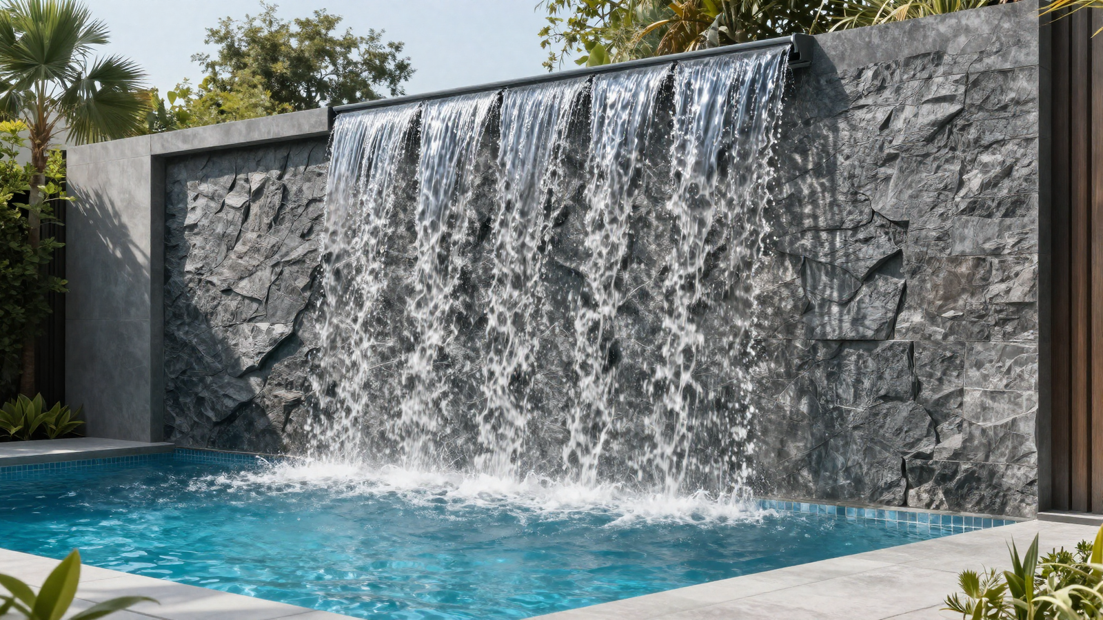 Textured wall waterfall with contemporary pool design cascading down stone-textured panel