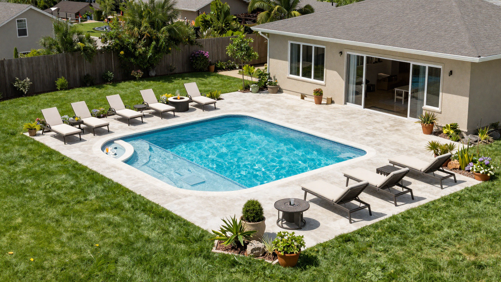 Complete backyard water zone with pool loungers fire pit and seating arranged together