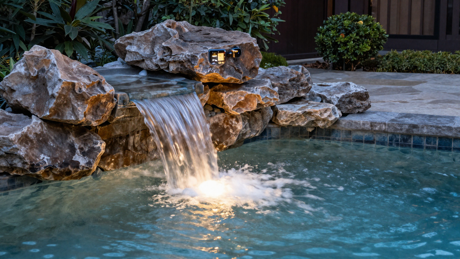 Pool water feature with rock waterfall and laminar jet with LED lighting