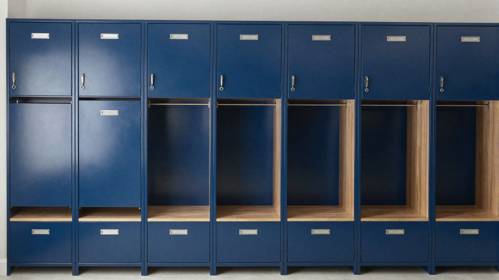 Mudroom with individual family lockers in navy cabinetry each labeled with a nameplate