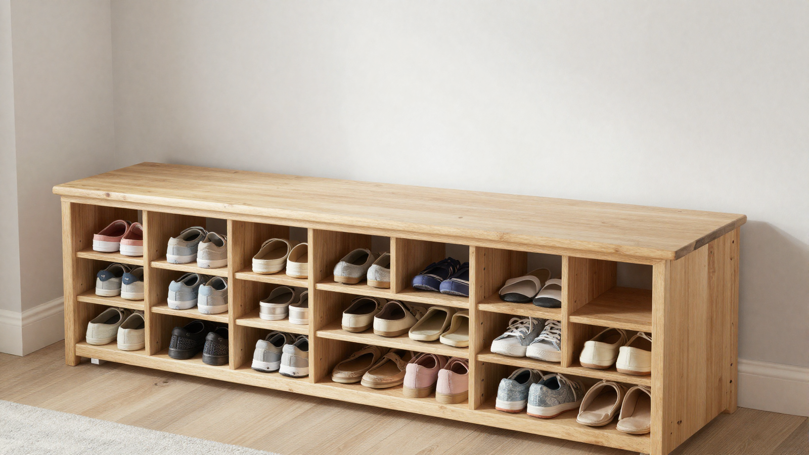 Mudroom bench with lower zone shoe grid compartments holding neatly stored shoes