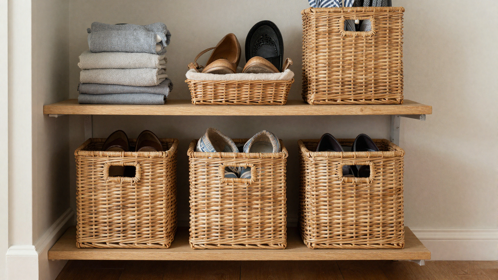 Entryway shelf with woven wicker baskets serving as a drop zone for shoes and gear