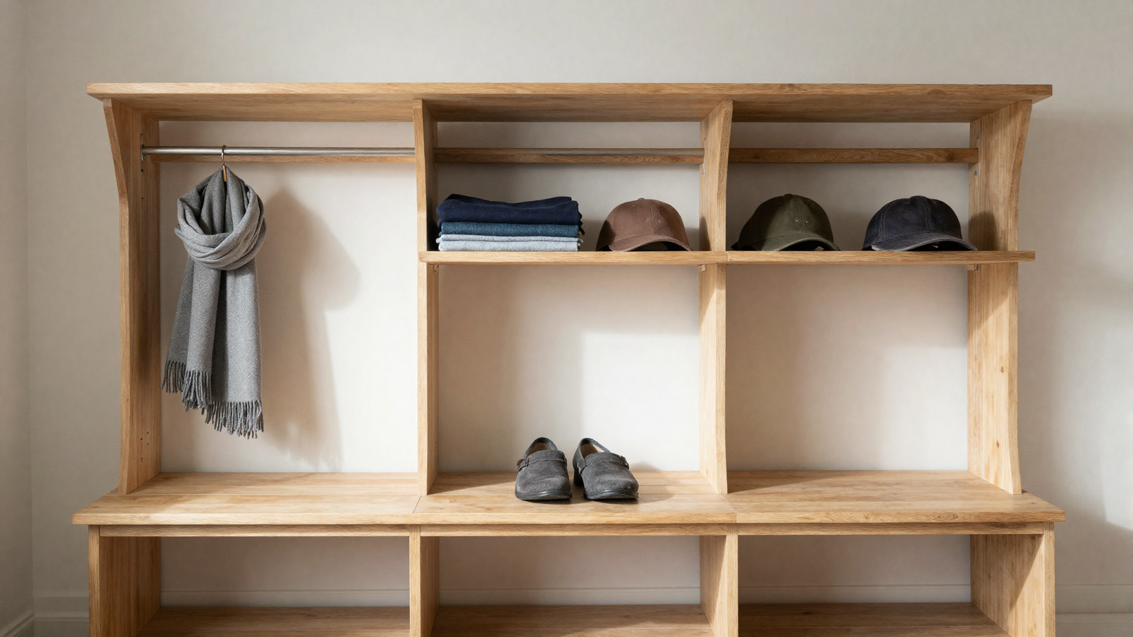 Mudroom bench with open wood shelving above holding folded scarves and hats