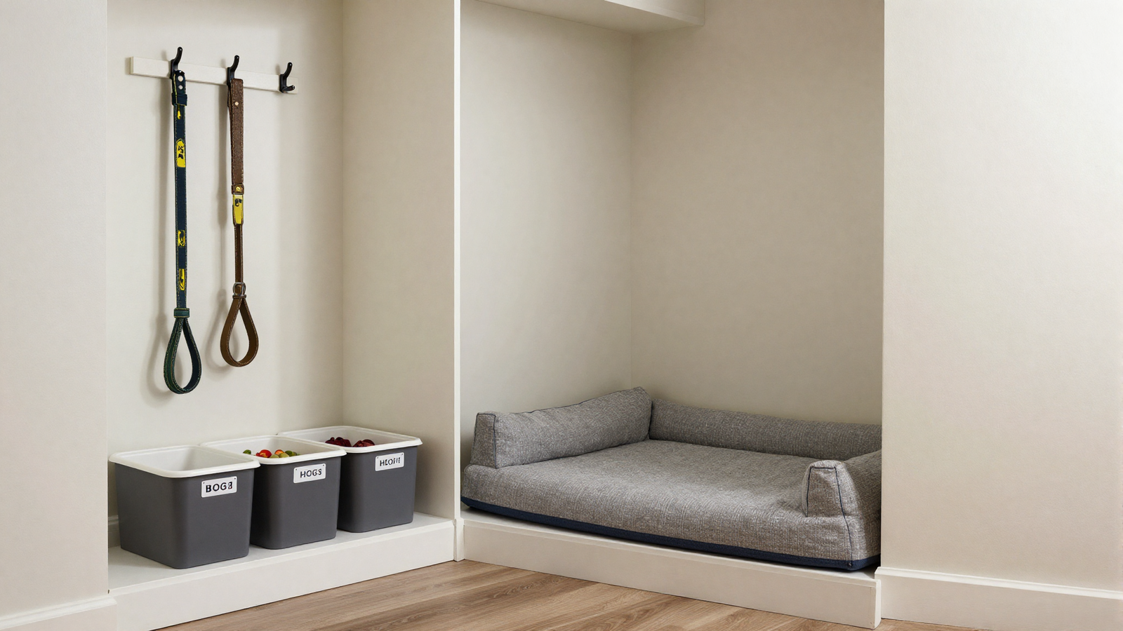 Mudroom corner with dedicated dog gear zone including leash hooks and labeled food storage