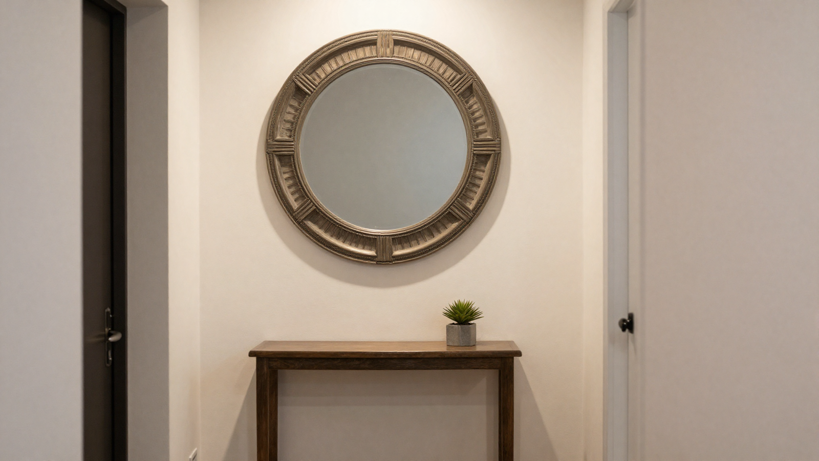 Small entryway with decorative round wall mirror above a console table