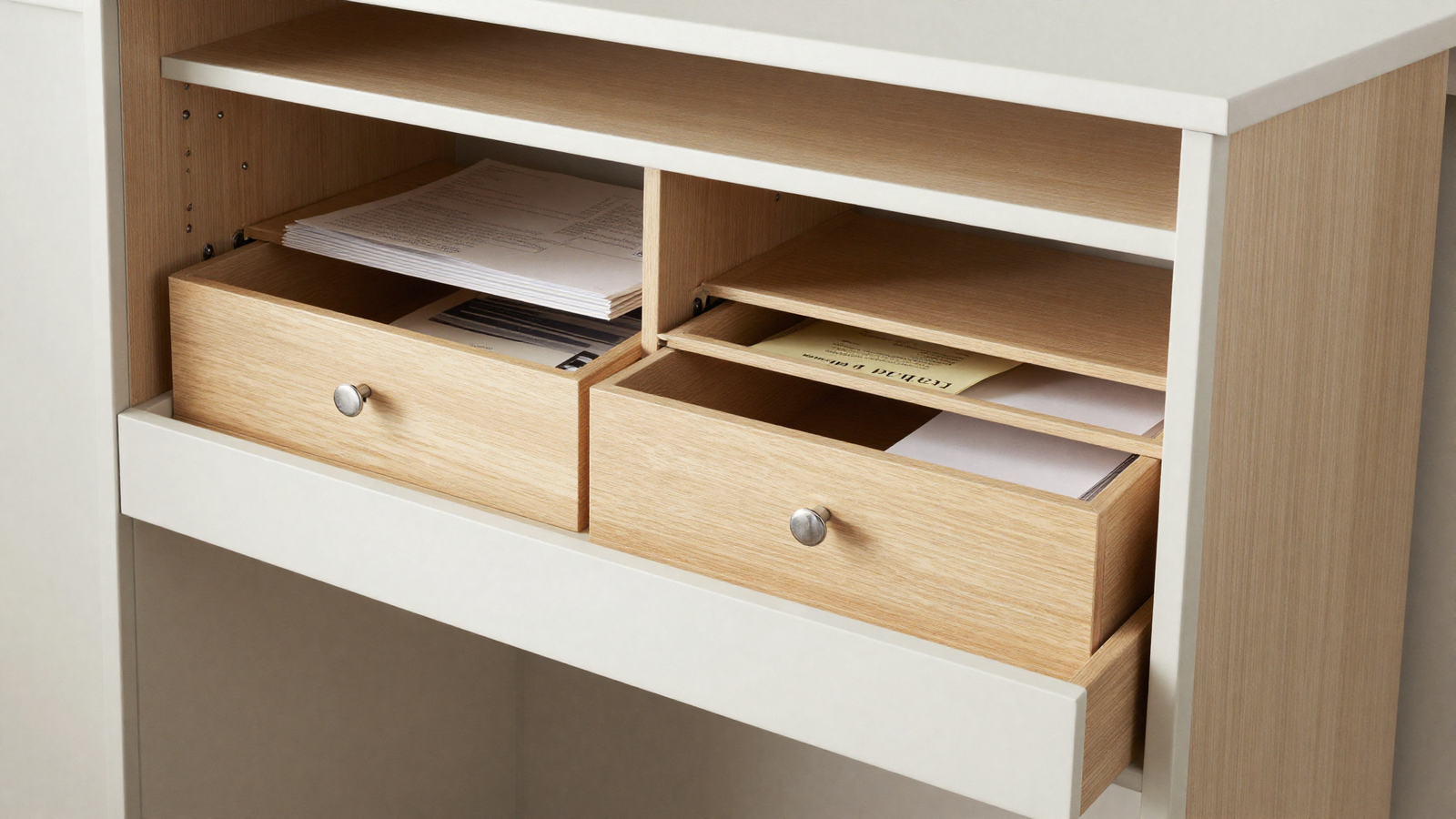 Entryway built-in desk with a mail sorting drawer system and labeled compartments