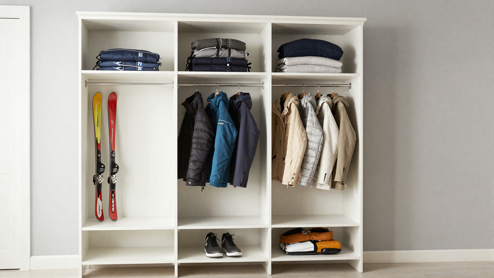 Mudroom tall cabinet dedicated to seasonal gear storage with ski accessories and winter coats