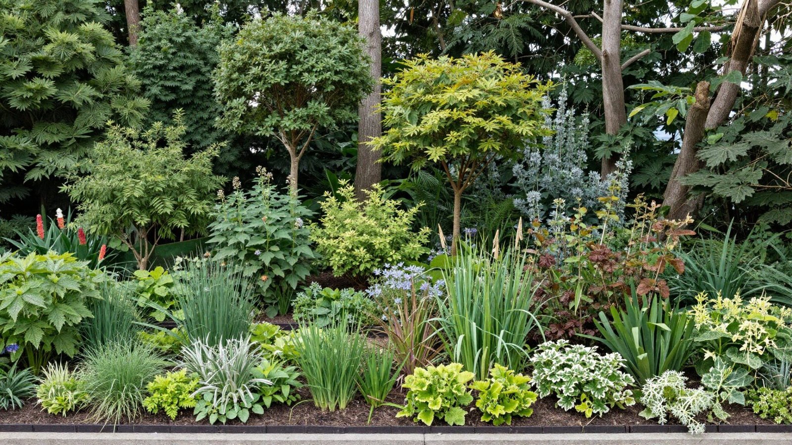 Layered habitat garden with canopy trees mid-level shrubs and ground cover perennials