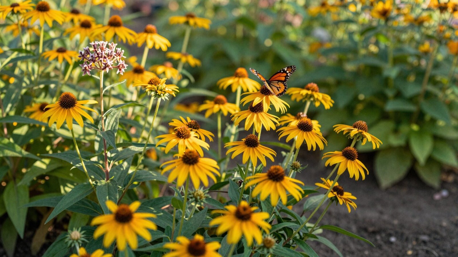 Milkweed and coneflower with a monarch butterfly resting on a bloom in a native pollinator bed