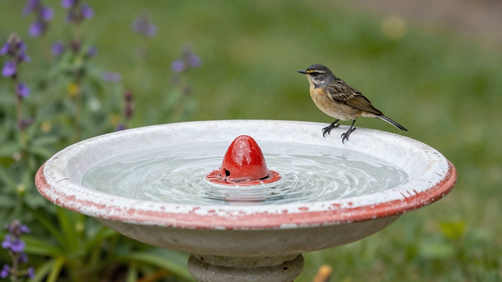 Shallow bird bath with red accents near a garden perch surrounded by native flowering plants