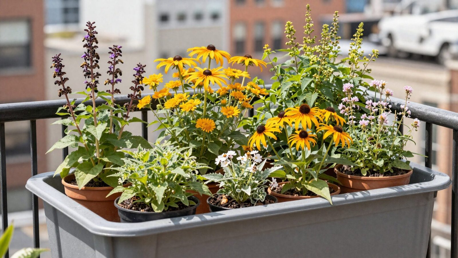 Container pollinator garden on a small urban balcony with bee balm goldenrod and black-eyed susan