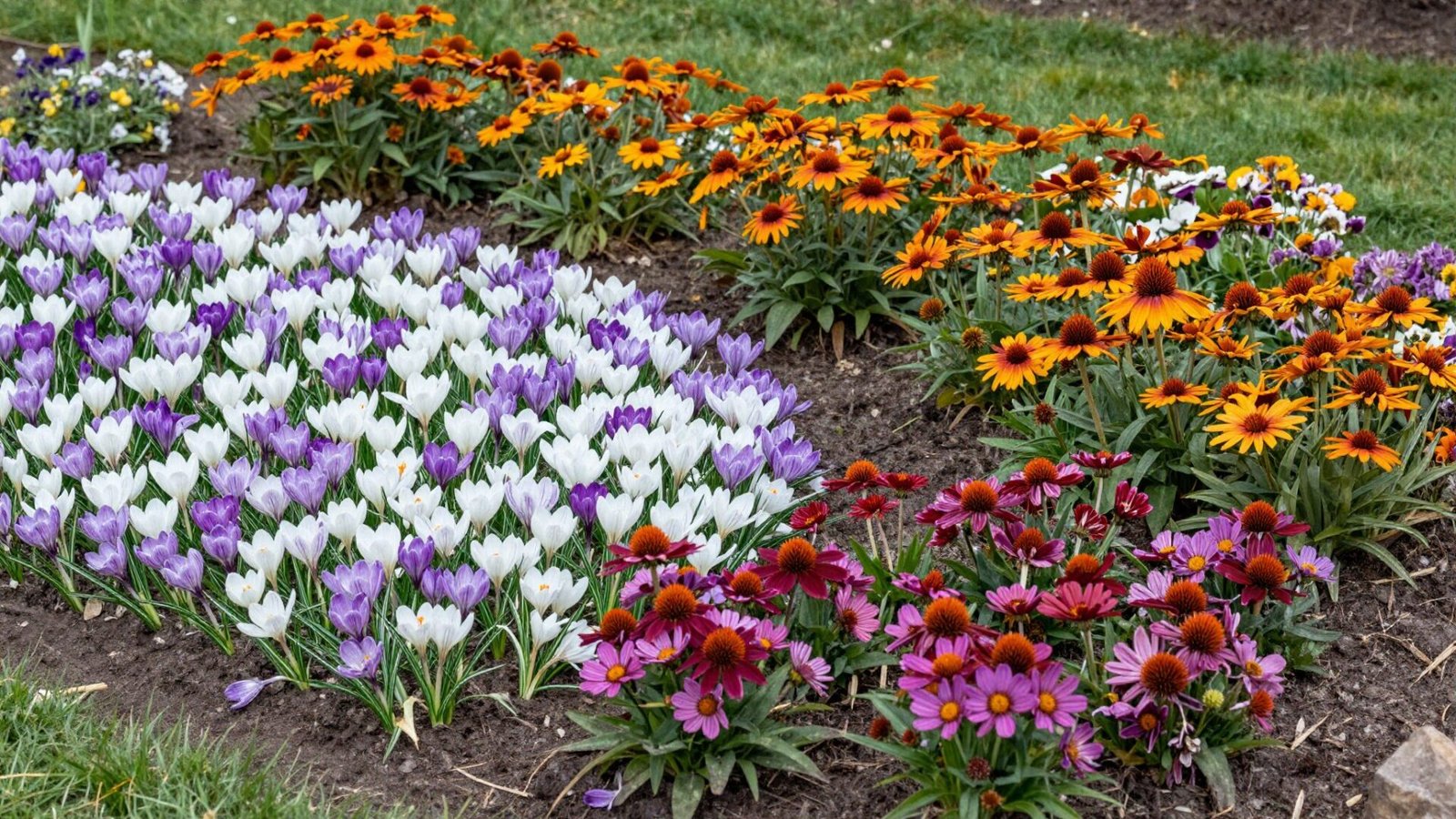 Staggered bloom garden bed with spring crocus mid-summer coneflower and fall aster together