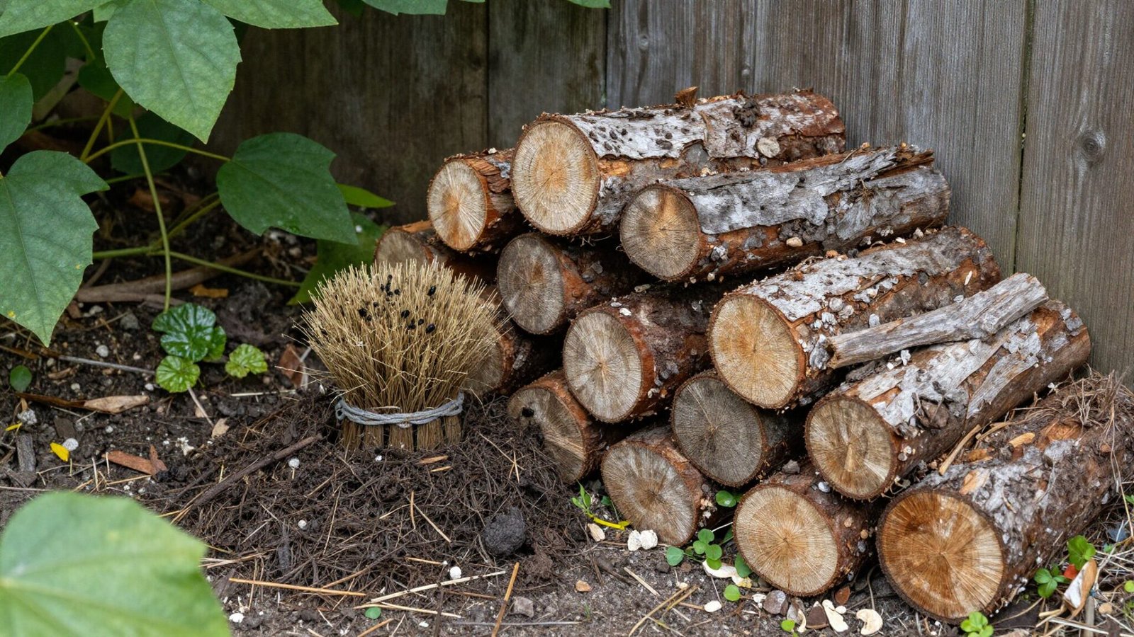 Small brush pile and log stack tucked into a garden corner as shelter for beneficial insects