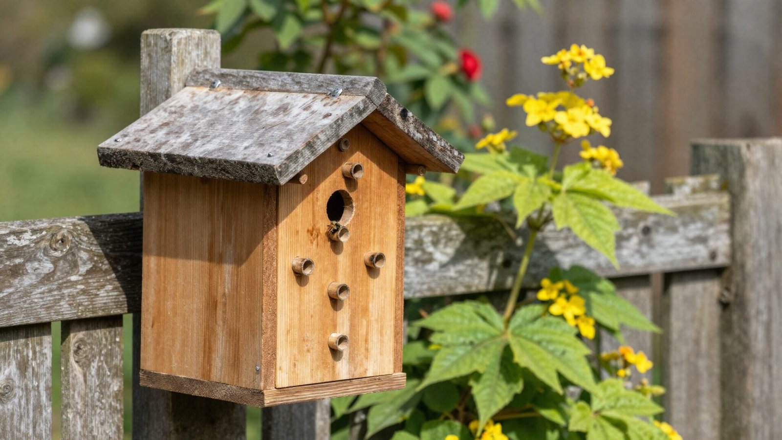 Wooden mason bee house mounted on a garden fence with hollow tubes for native bee nesting