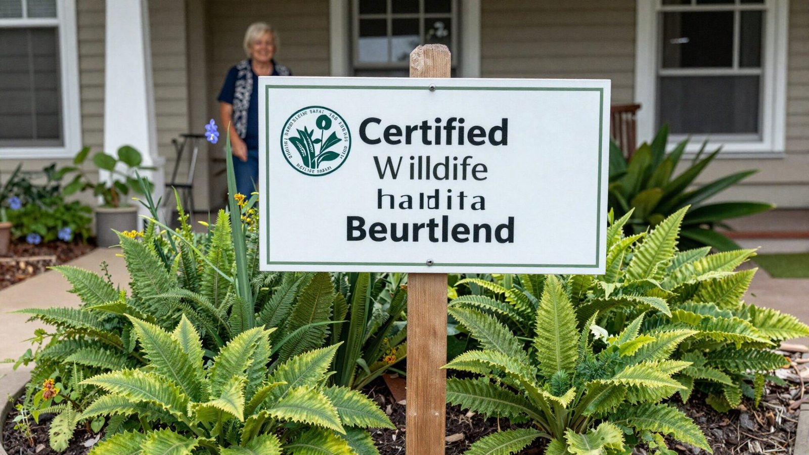 Certified wildlife habitat sign posted in a home garden among thriving native plants