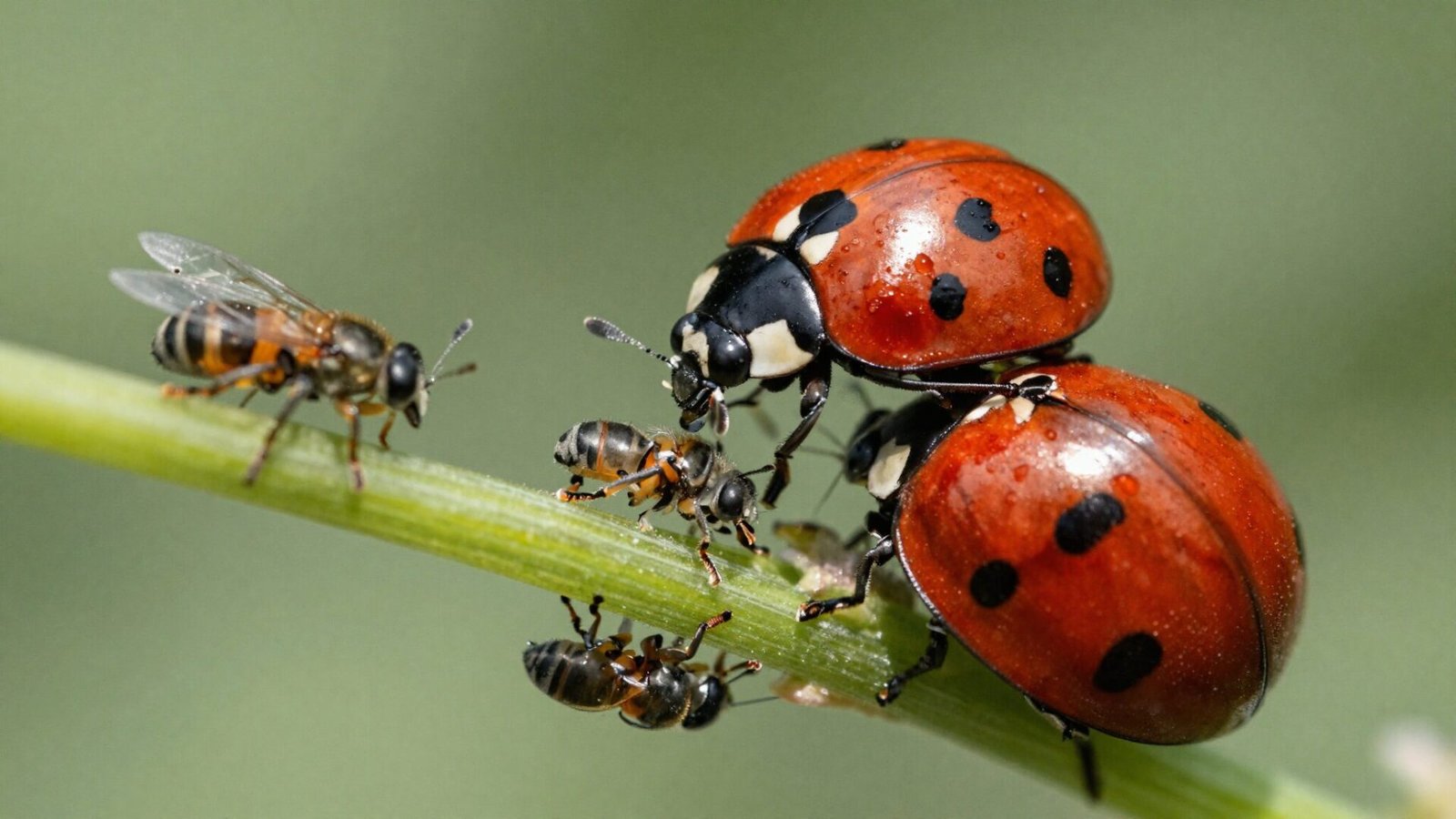 Ladybugs and beneficial insects naturally controlling aphids on a garden plant