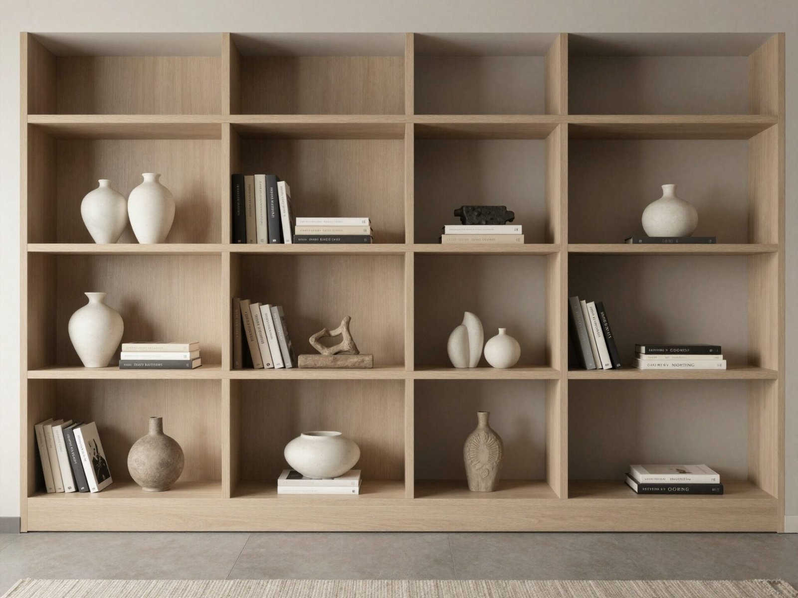 Bookshelf vignette with three grouped objects: a ceramic vase, stacked books, and a small sculpture