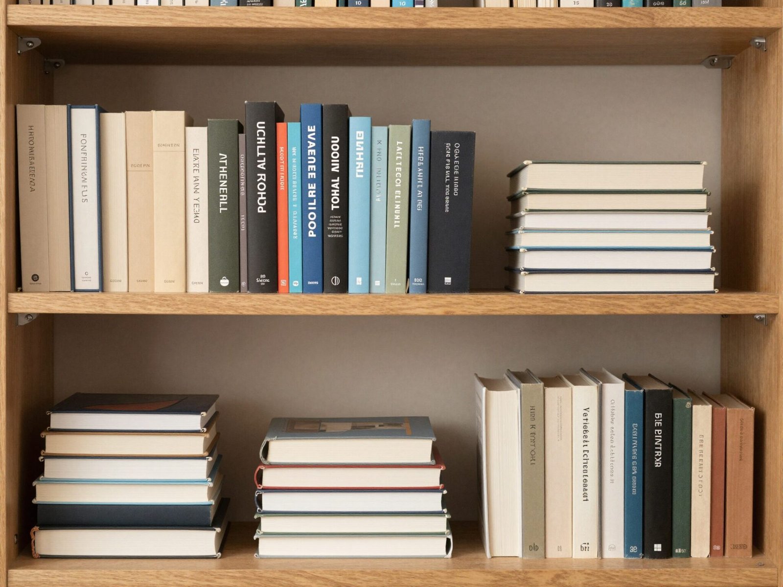 Bookshelf combining upright vertical books with a horizontal stack of books nearby