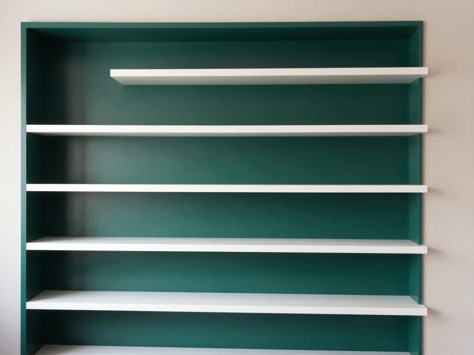 Built-in shelving unit with a deep green painted back panel behind white shelves