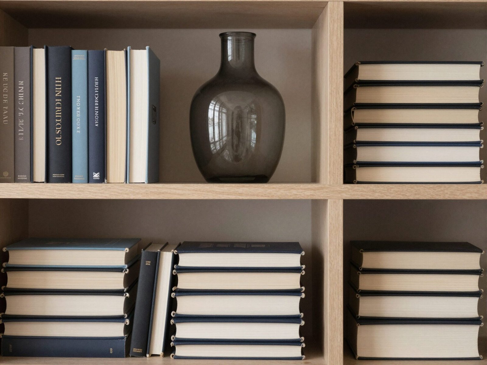 Bookshelf styled with a tall vase positioned behind a shorter stack of books