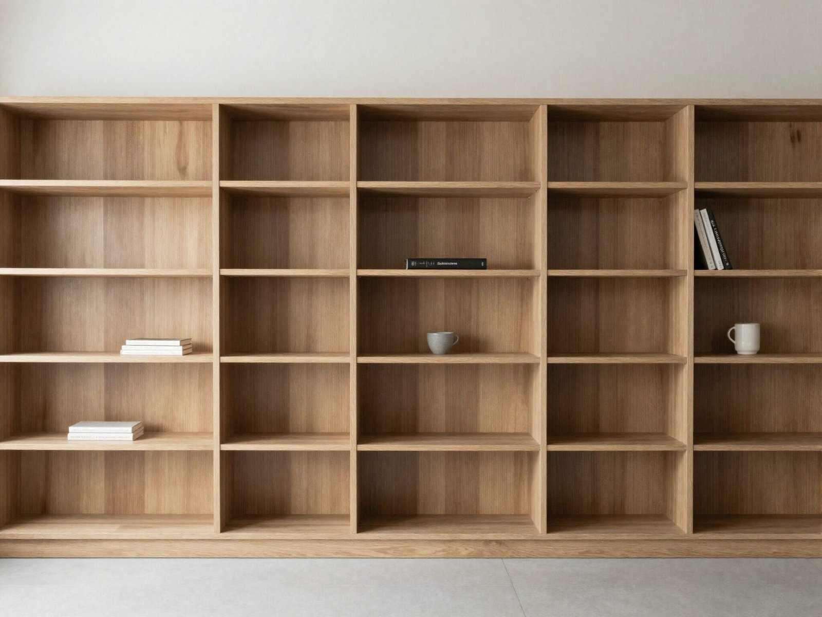 Bookshelf styled with visible empty space left between a few spaced-out objects