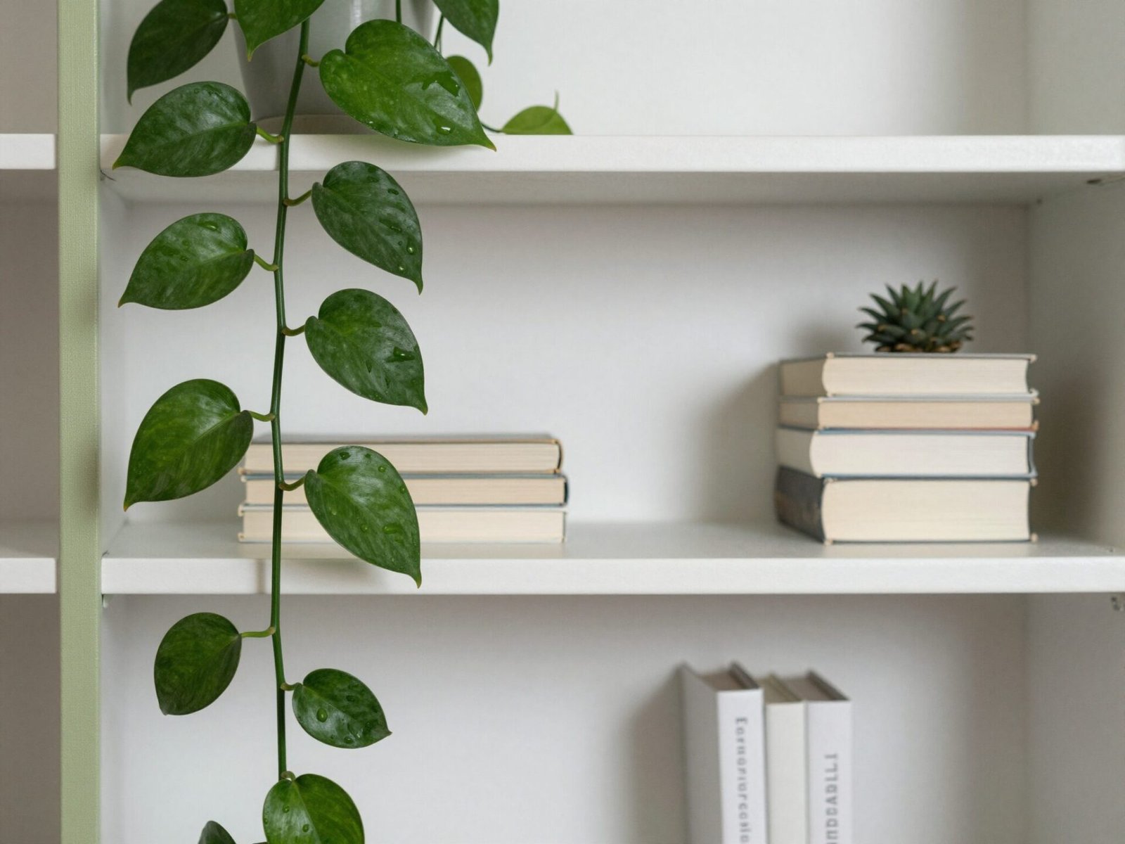 Bookshelf with a trailing pothos plant draping down over a row of books
