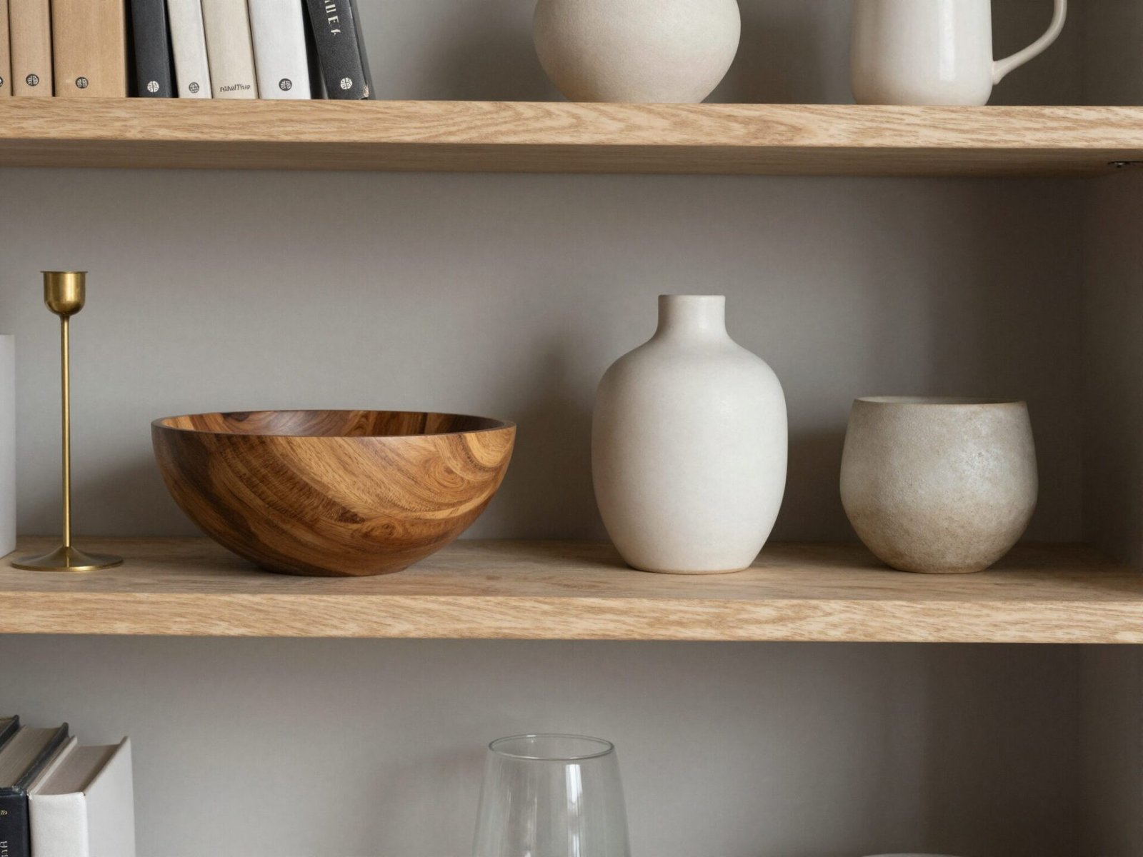 Bookshelf vignette combining a wood bowl, brass candlestick, ceramic vase, and glass object