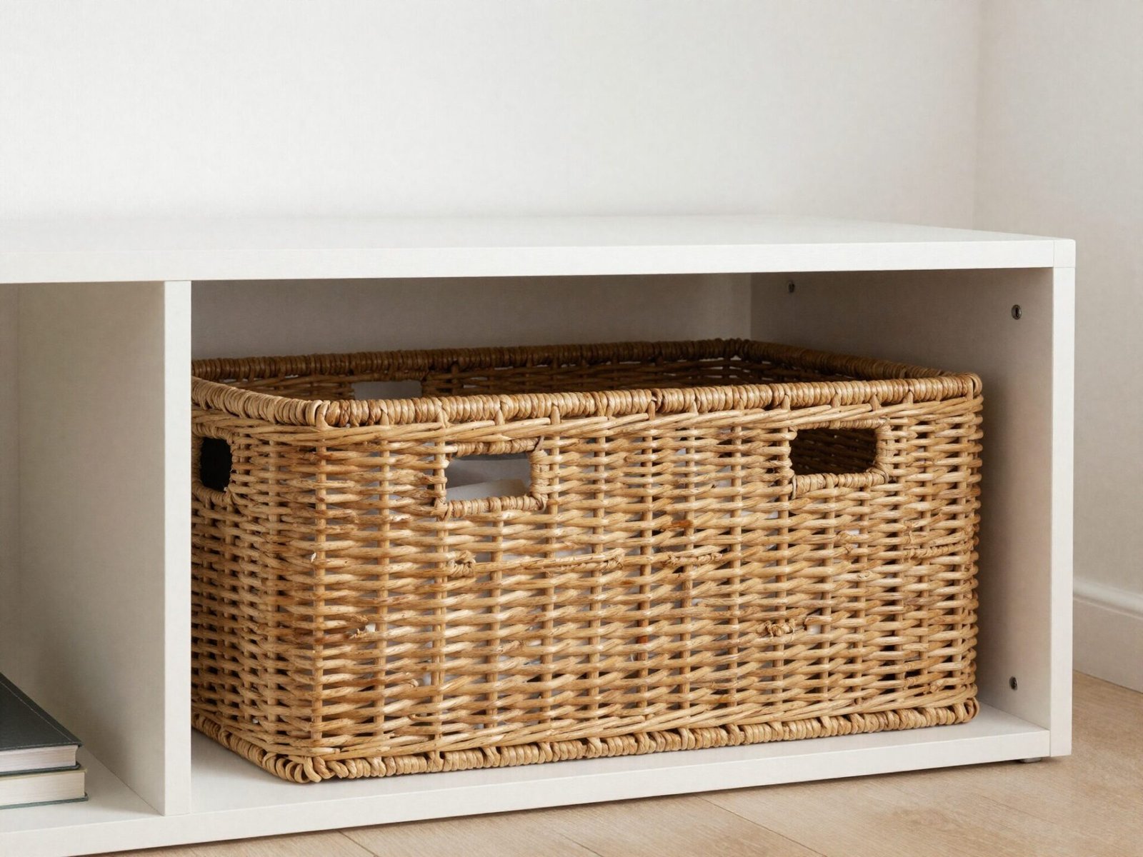 Lower shelf cube with a woven rattan basket tucked inside among open shelves