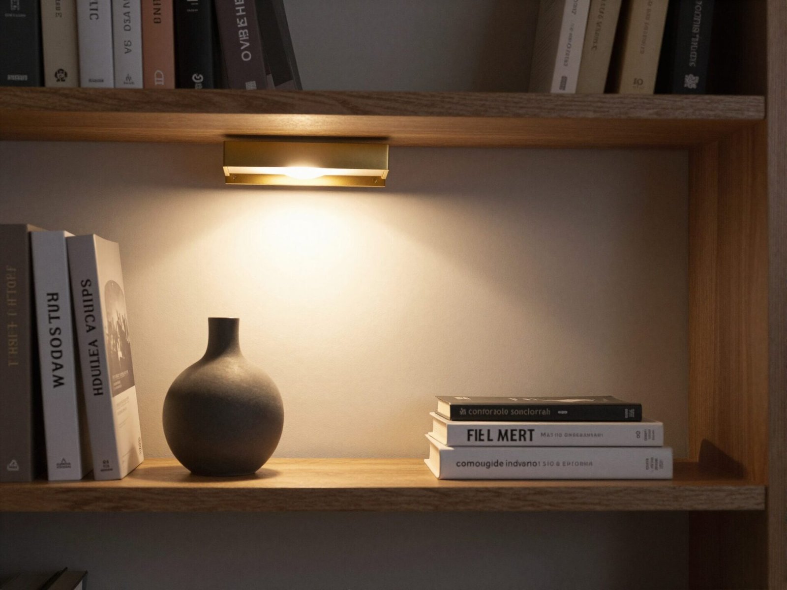 Bookshelf illuminated by a small brass picture light mounted above the top shelf
