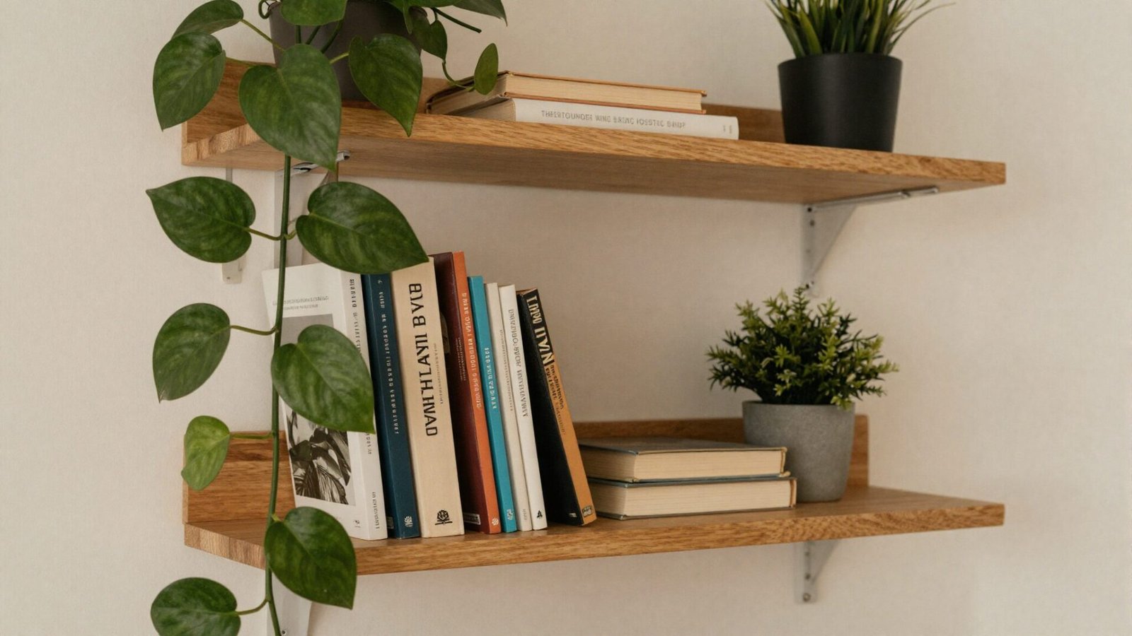 Home office shelf with hanging pothos plant trailing vines down over books