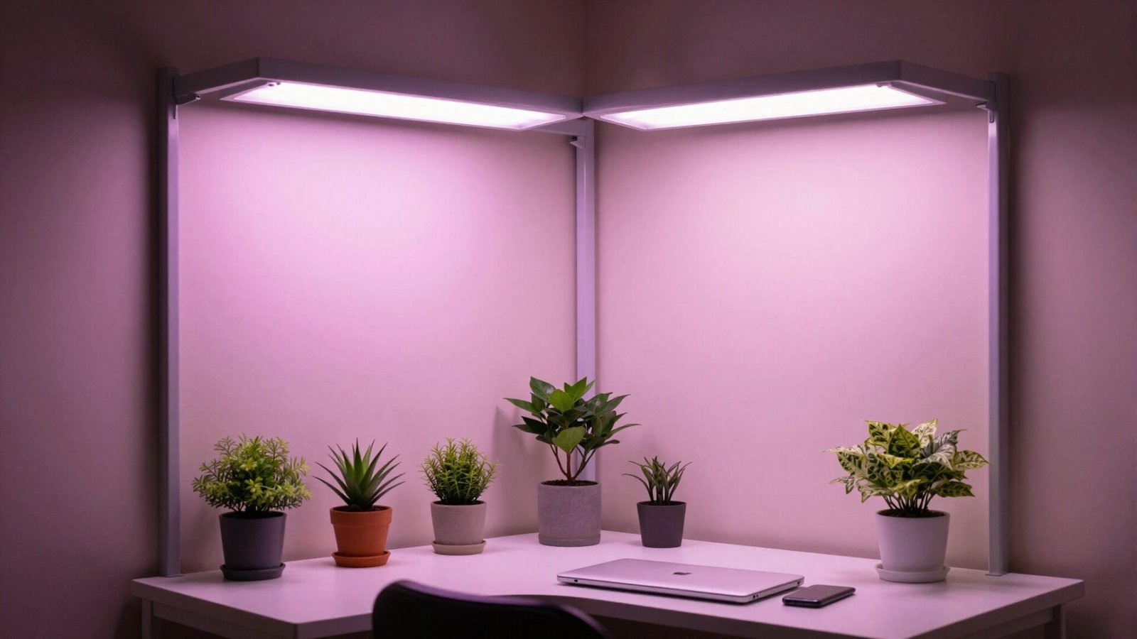 Windowless home office corner with LED grow light illuminating small potted plants