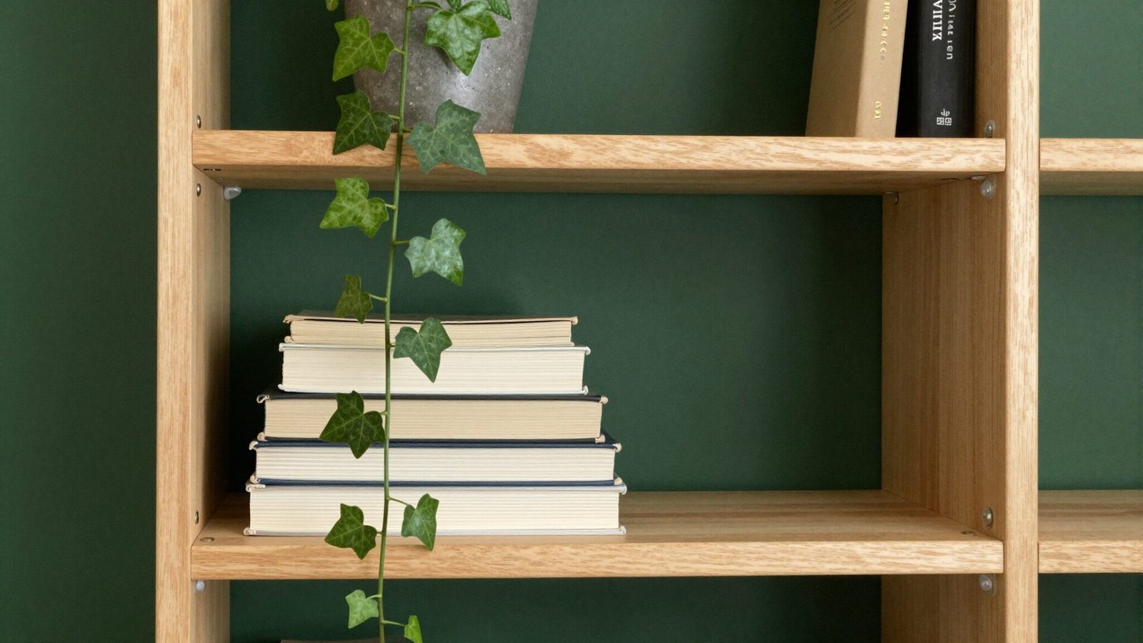 Home office bookshelf with trailing ivy vine cascading down over stacked books