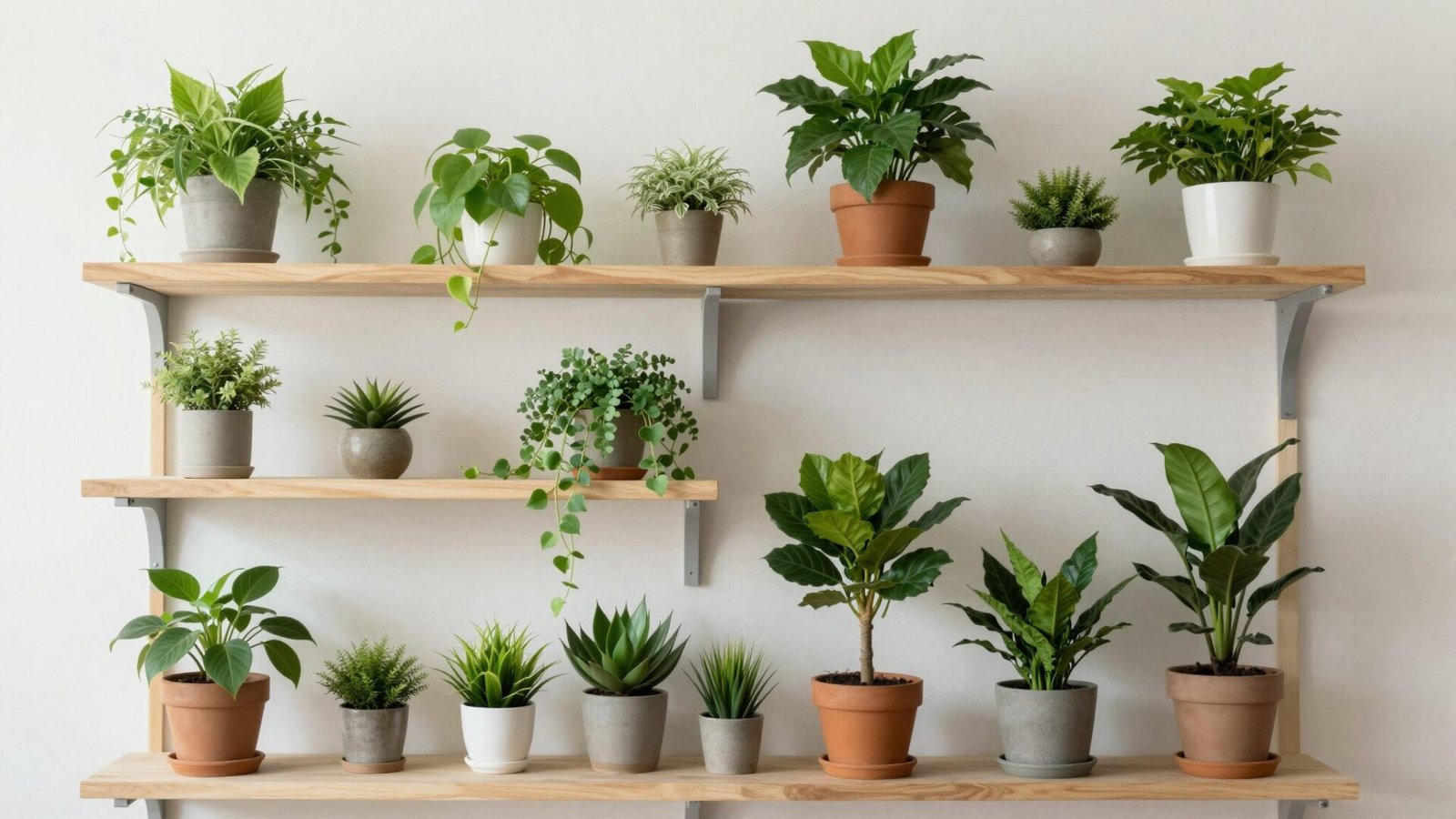 Home office shelf styled with layered plants at varying heights
