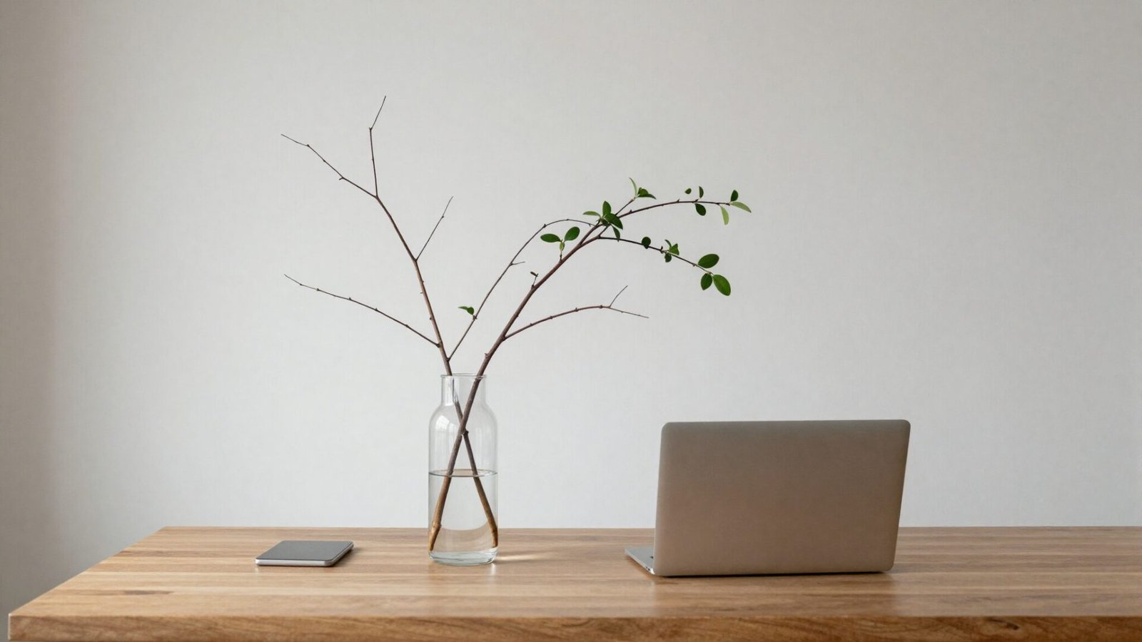 Home office desk with clear glass vase holding slender bare branches and few green leaves