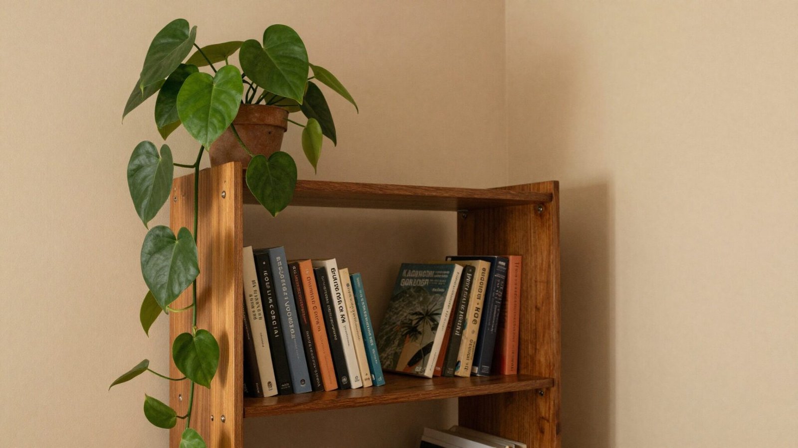 Home office bookshelf with heart-leaf philodendron cascading down the side