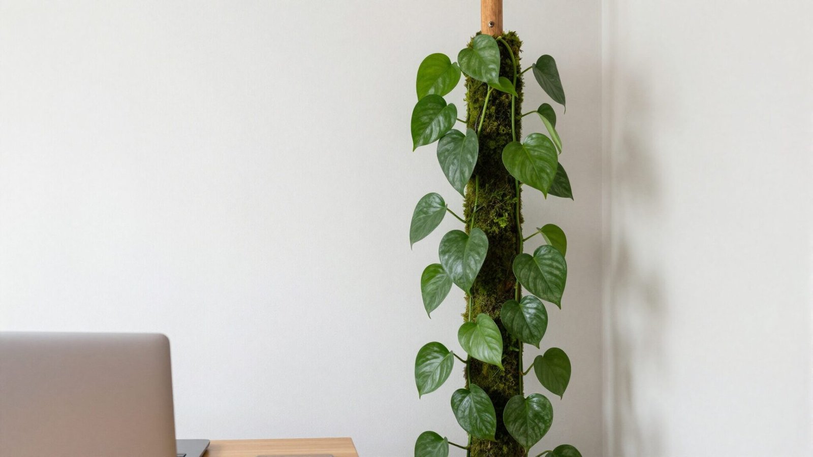 Home office corner with climbing pothos plant trained up a wooden moss pole