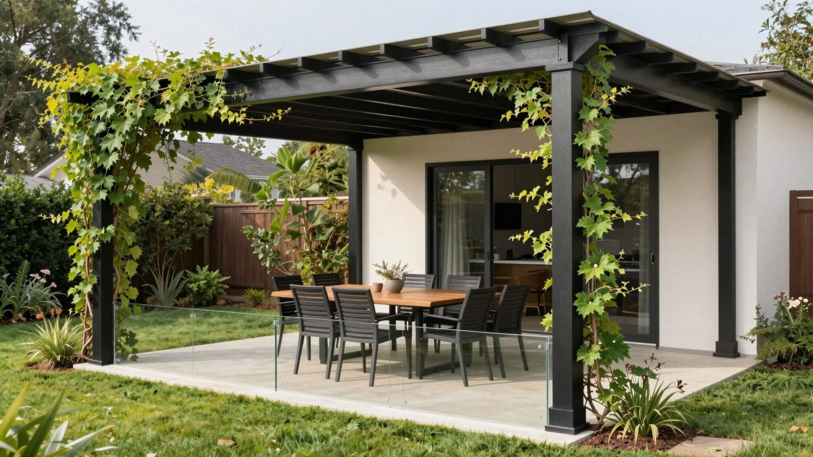 Pergola with black steel frame and climbing vines defining an outdoor dining area over a large table