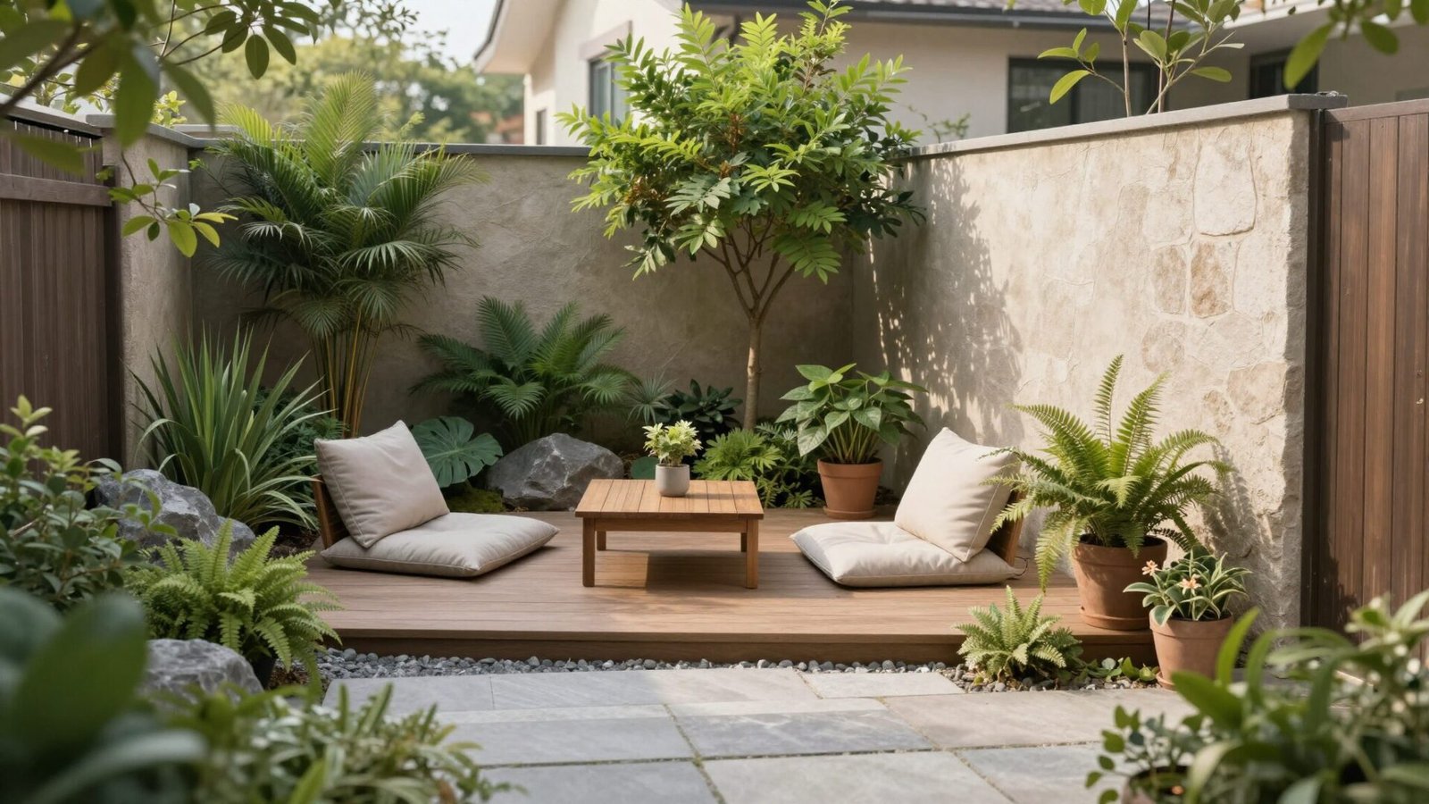 Small yoga deck with meditation cushions surrounded by calming greenery in a quiet backyard corner
