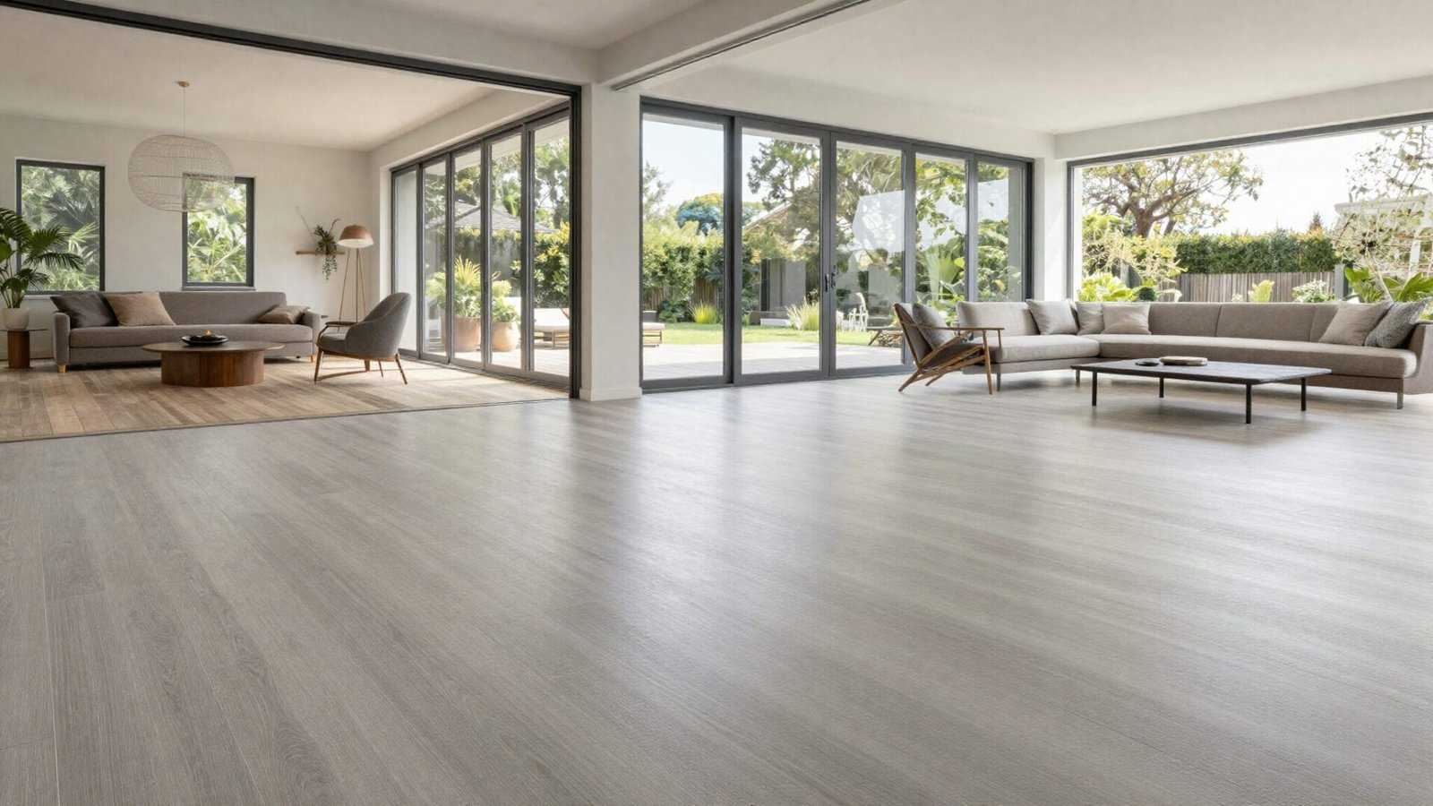 Large format porcelain pavers extending seamlessly from an indoor living room through sliding glass doors onto an outdoor terrace