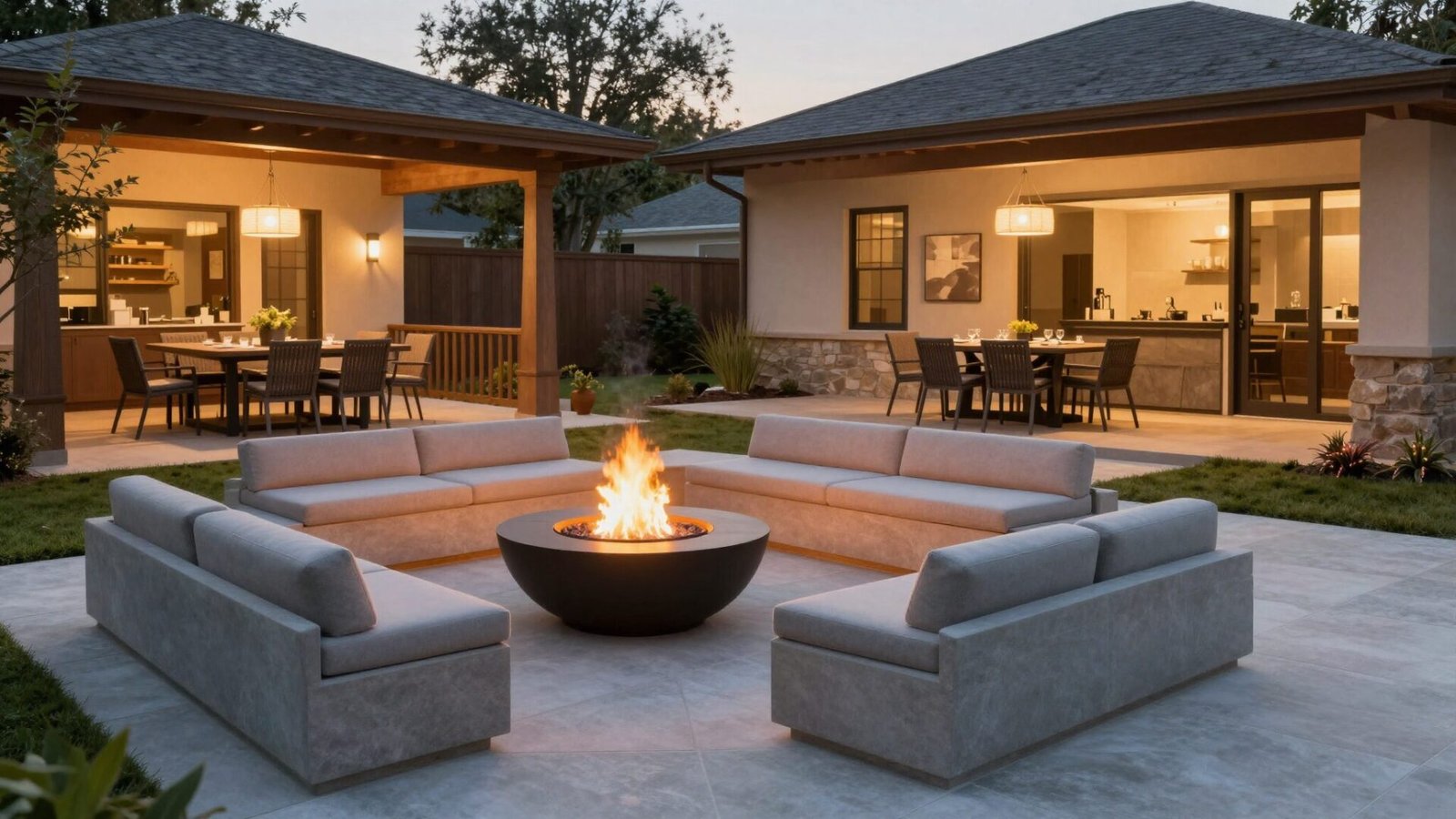 Modern fire bowl surrounded by low modular seating in a backyard lounge zone at dusk